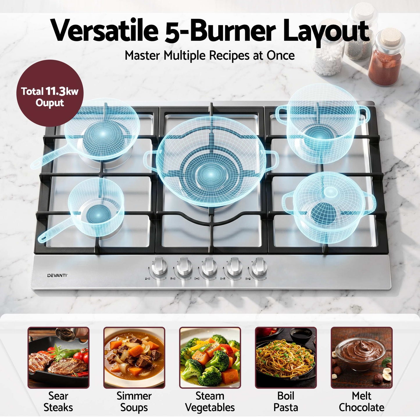 Devanti 90cm Gas Cooktop 5 Burner LPG NG Stainless Steel Hob Silver CT-GAS-5B-L-SS