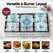 Devanti 90cm Gas Cooktop 5 Burner LPG NG Stainless Steel Hob Silver CT-GAS-5B-L-SS
