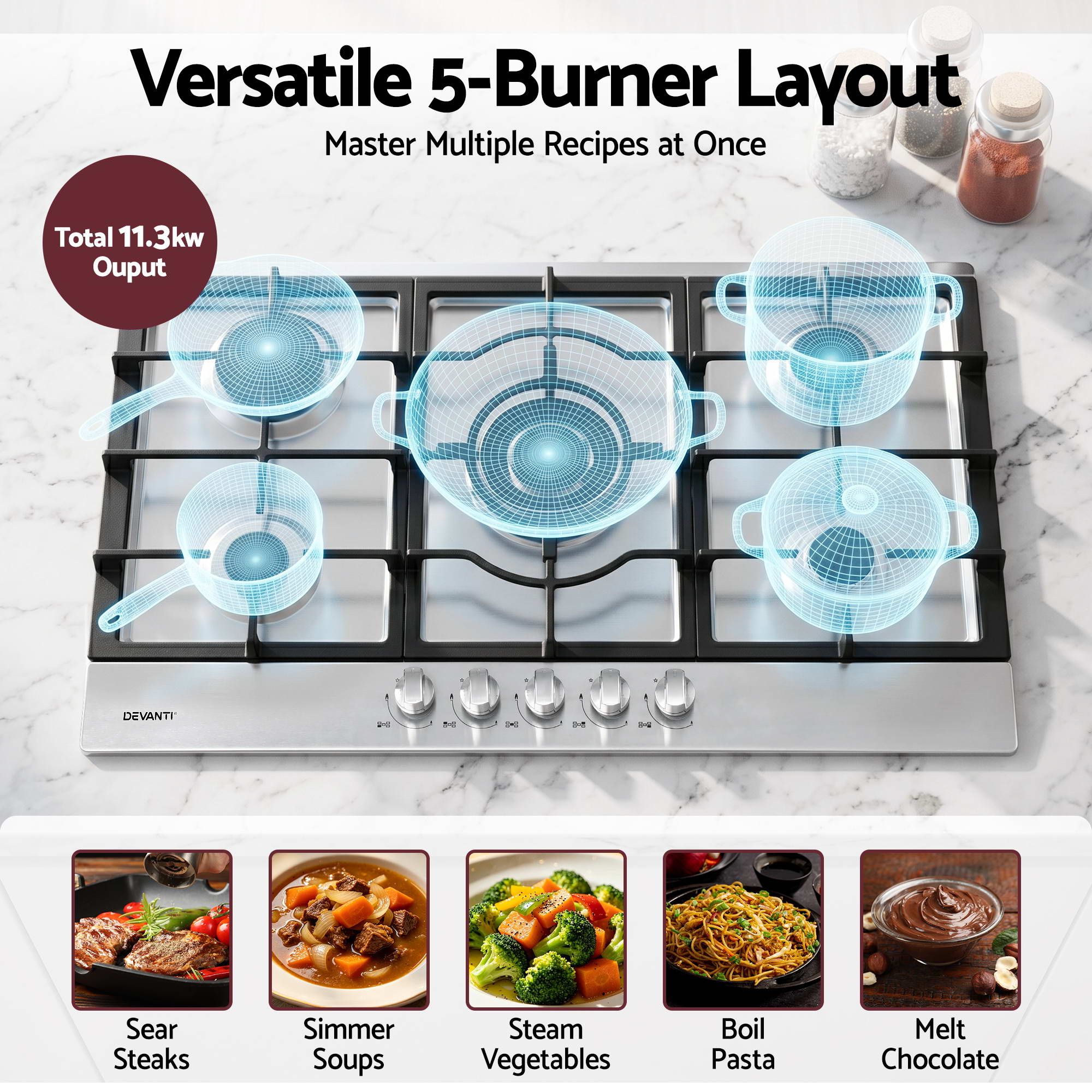 Devanti 90cm Gas Cooktop 5 Burner LPG NG Stainless Steel Hob Silver CT-GAS-5B-L-SS