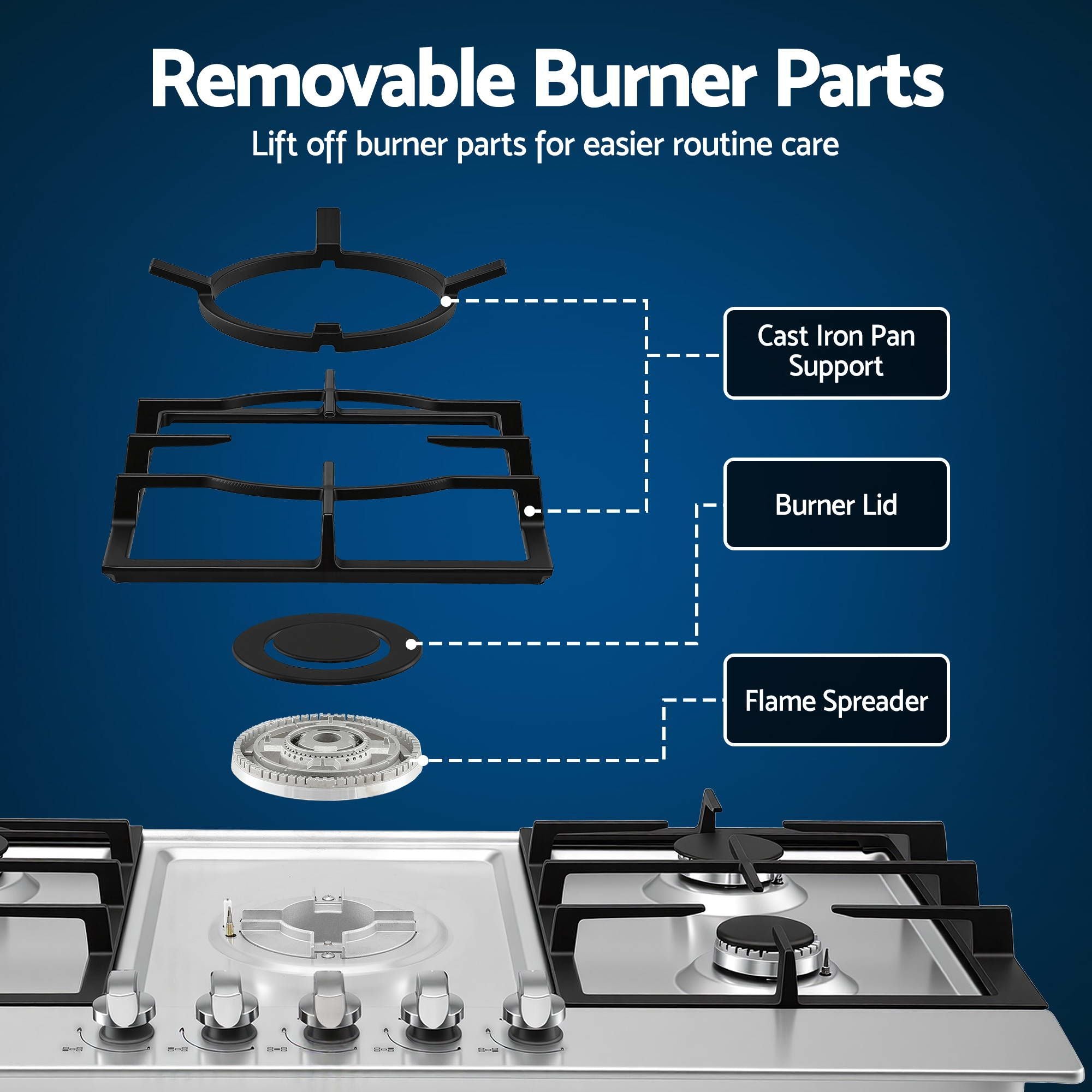 Devanti 90cm Gas Cooktop 5 Burner LPG NG Stainless Steel Hob Silver CT-GAS-5B-L-SS