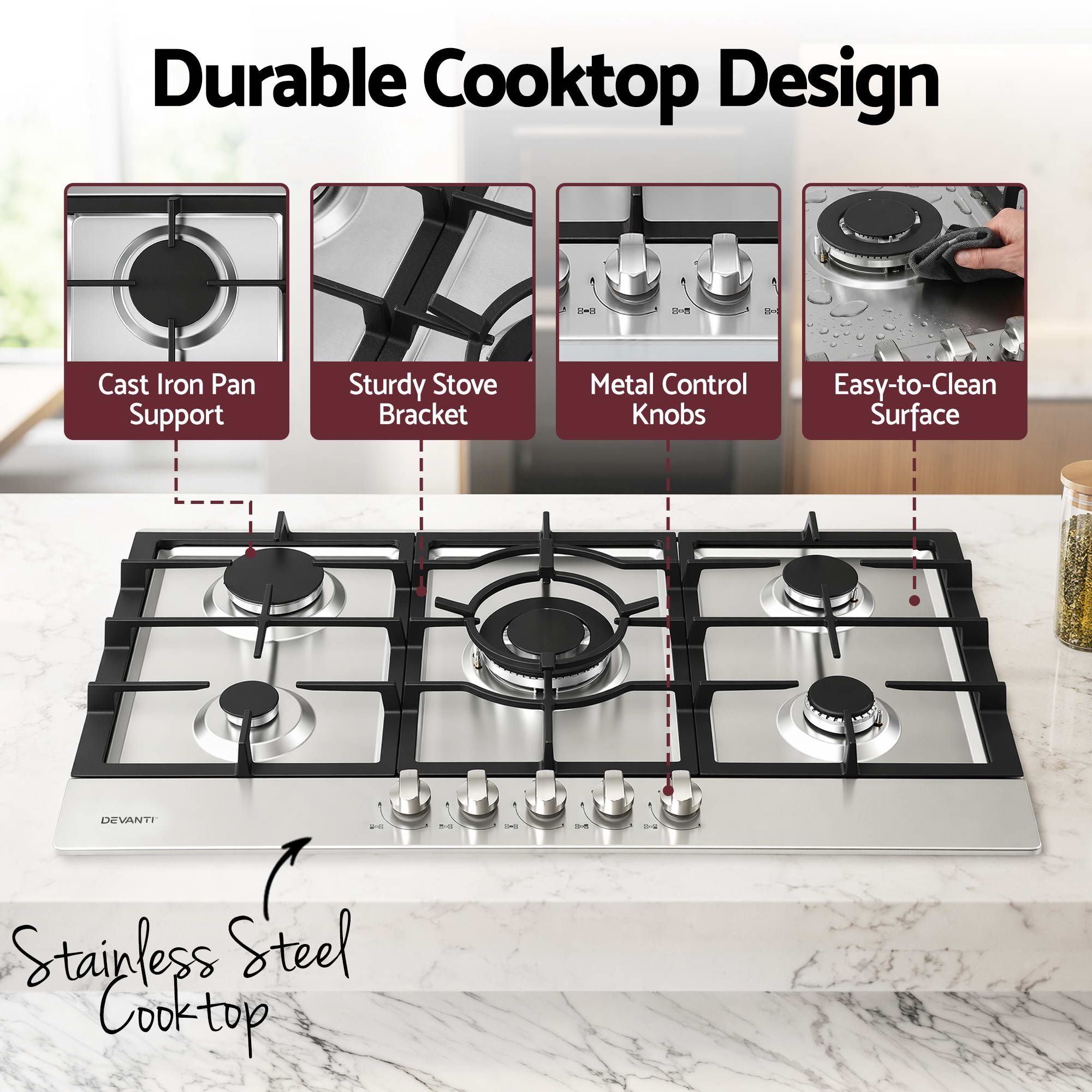 Devanti 90cm Gas Cooktop 5 Burner LPG NG Stainless Steel Hob Silver CT-GAS-5B-L-SS
