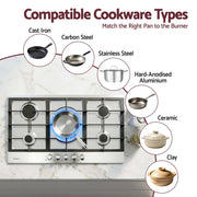 Devanti 90cm Gas Cooktop 5 Burner LPG NG Stainless Steel Hob Silver CT-GAS-5B-L-SS
