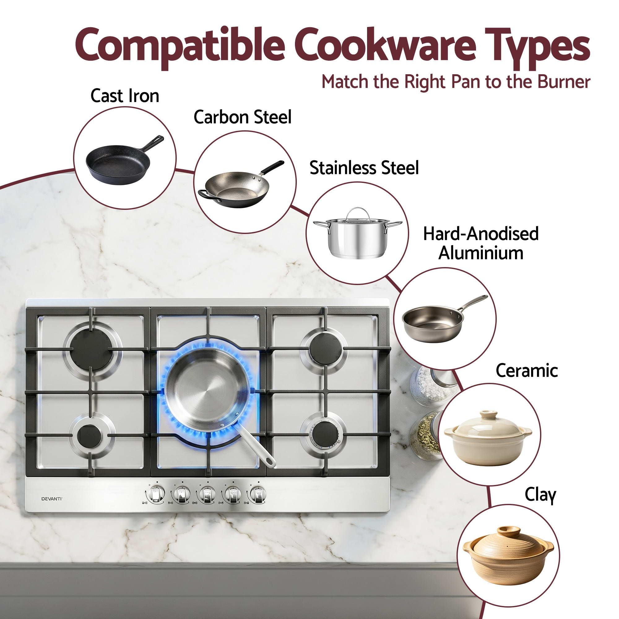 Devanti 90cm Gas Cooktop 5 Burner LPG NG Stainless Steel Hob Silver CT-GAS-5B-L-SS