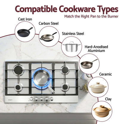 Devanti 90cm Gas Cooktop 5 Burner LPG NG Stainless Steel Hob Silver CT-GAS-5B-L-SS