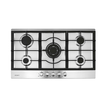 Devanti 90cm Gas Cooktop 5 Burner LPG NG Stainless Steel Hob Silver CT-GAS-5B-L-SS