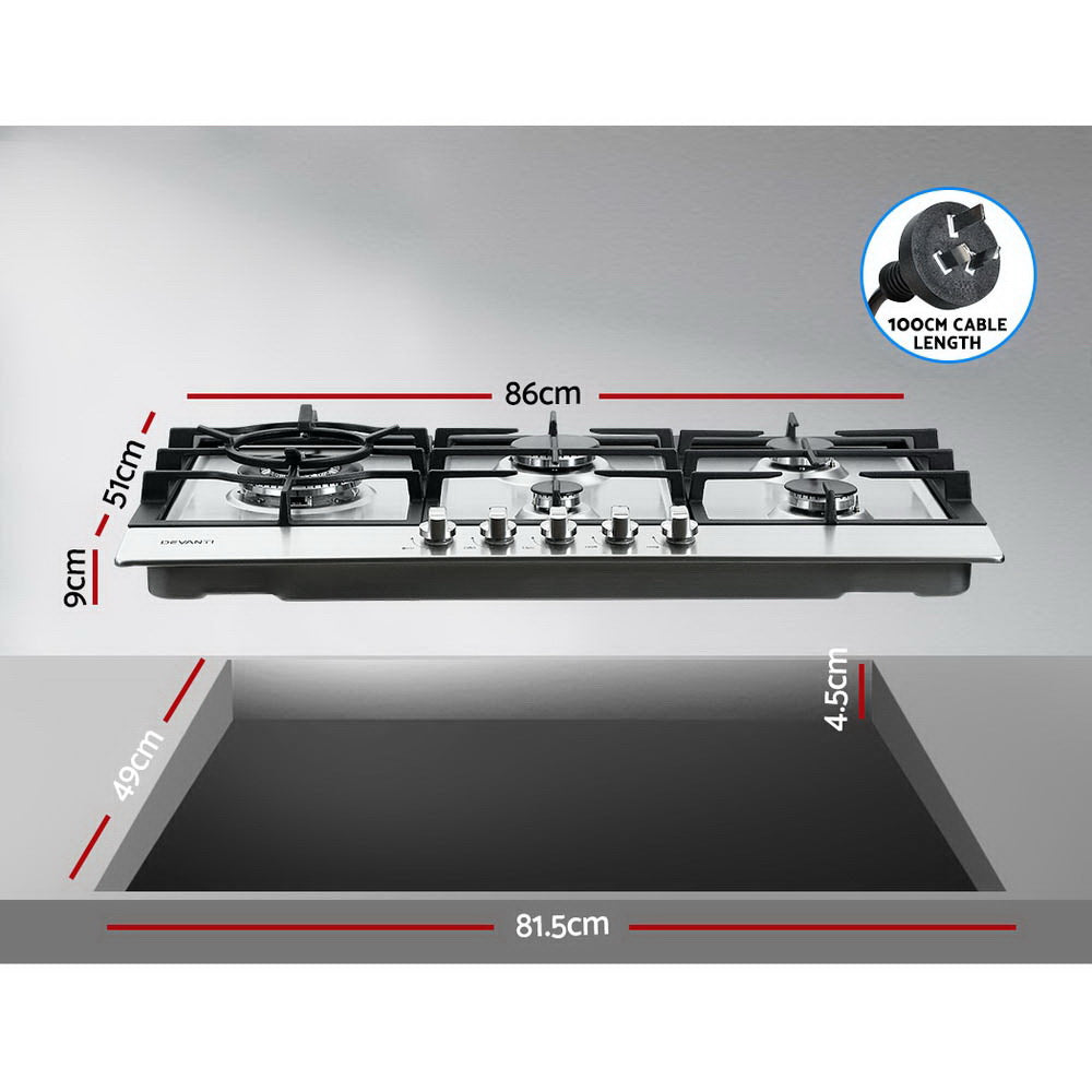 Devanti Gas Cooktop 90cm 5 Burner Silvir CT-GAS-5B-SS