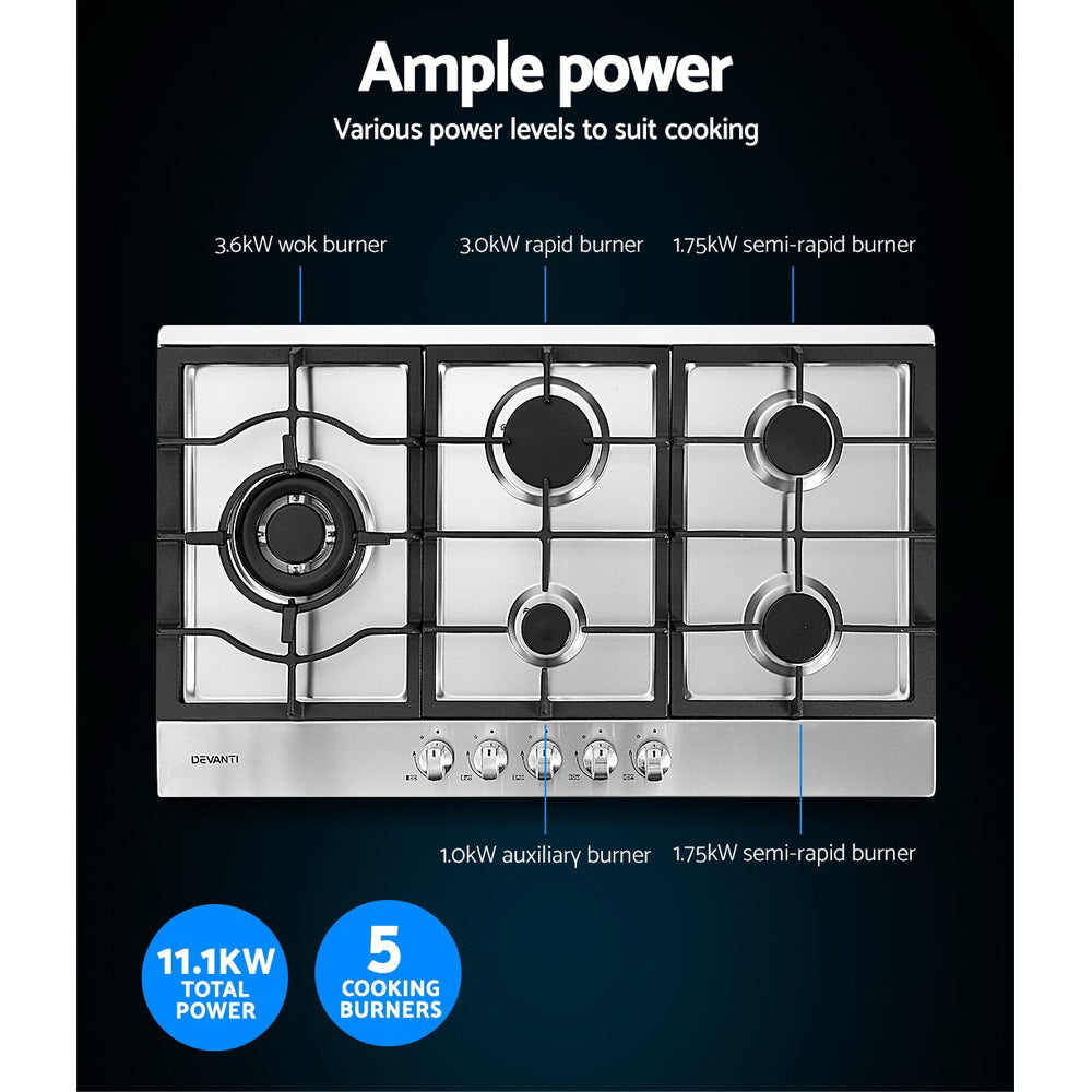 Devanti Gas Cooktop 90cm 5 Burner Silvir CT-GAS-5B-SS