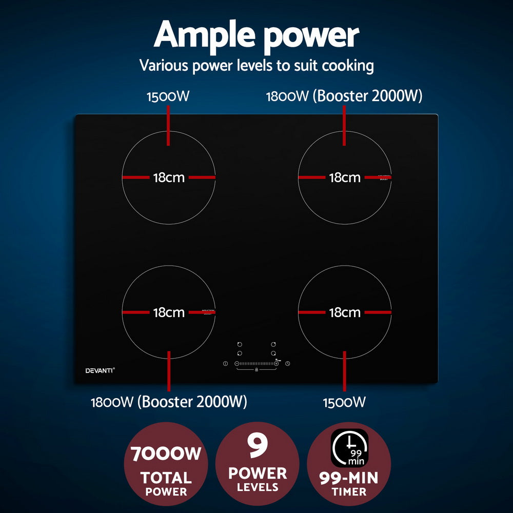 Devanti Electric Induction Cooktop 70cm Ceramic 4 Zones Stove Cook Top Hot Plate 7000W CT-IN-D-YL-IF7004C-70
