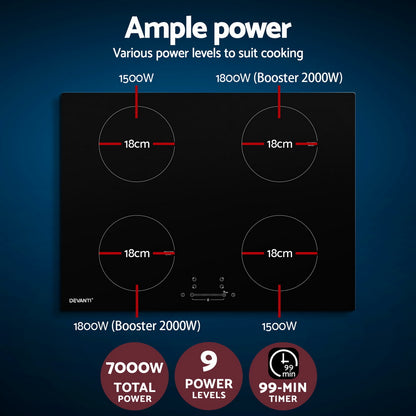 Devanti Electric Induction Cooktop 70cm Ceramic 4 Zones Stove Cook Top Hot Plate 7000W CT-IN-D-YL-IF7004C-70