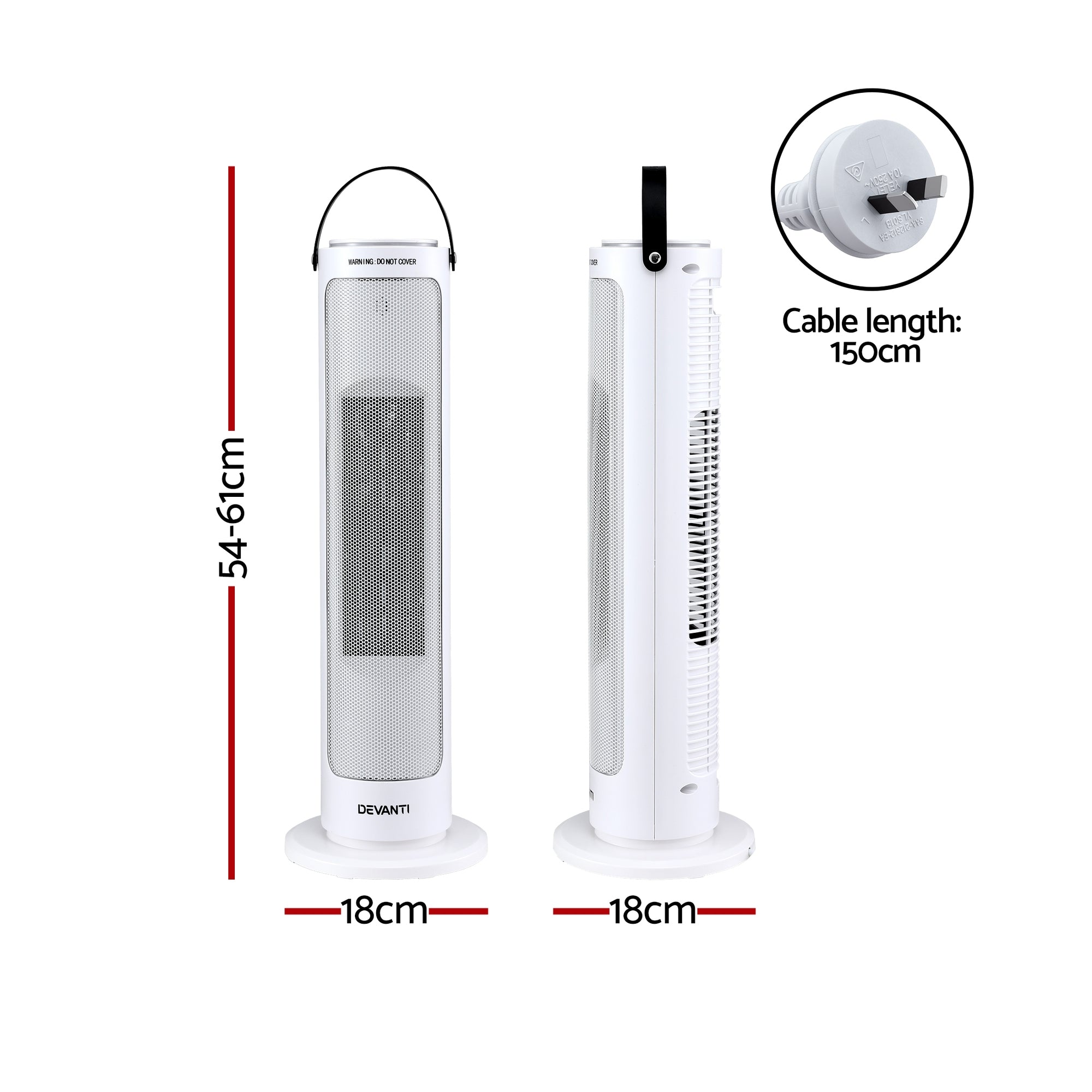 Devanti 2000W Ceramic Tower Heater Space Heaters Oscillating Indoor White CTH-B-2000-WH