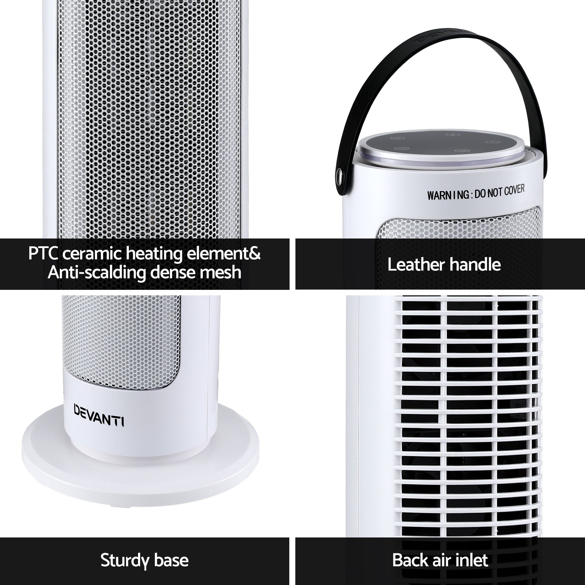 Devanti 2000W Ceramic Tower Heater Space Heaters Oscillating Indoor White CTH-B-2000-WH