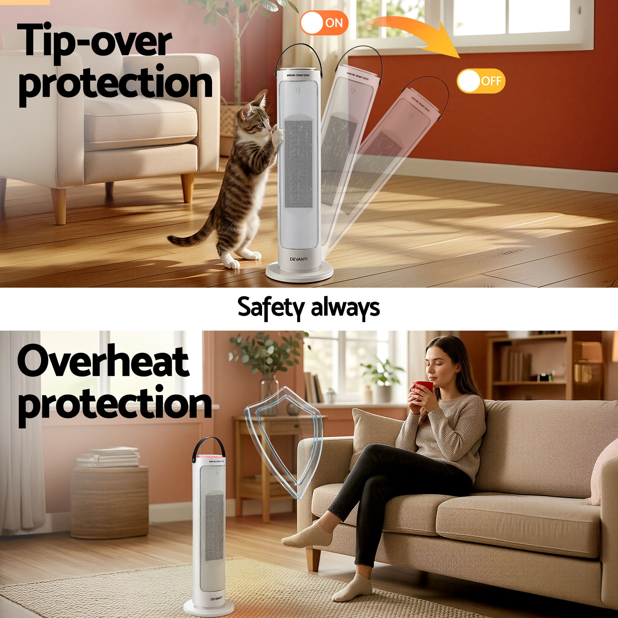Devanti 2000W Ceramic Tower Heater Space Heaters Oscillating Indoor White CTH-B-2000-WH