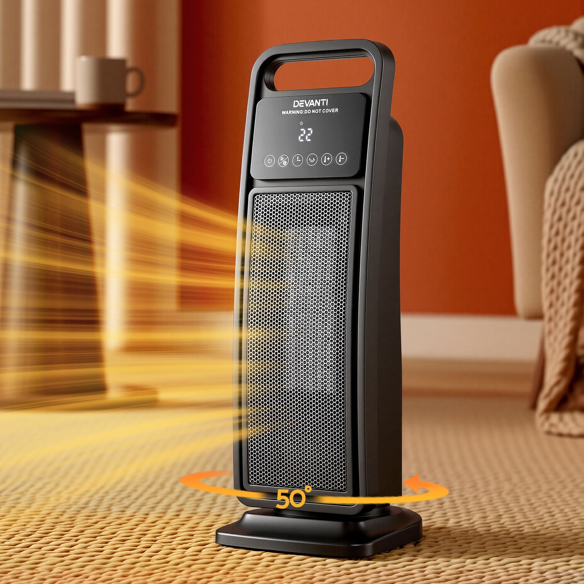 Devanti 2000W Ceramic Tower Heater Space Heaters Indoor Oscillating Black CTH-SQ-2000-BK