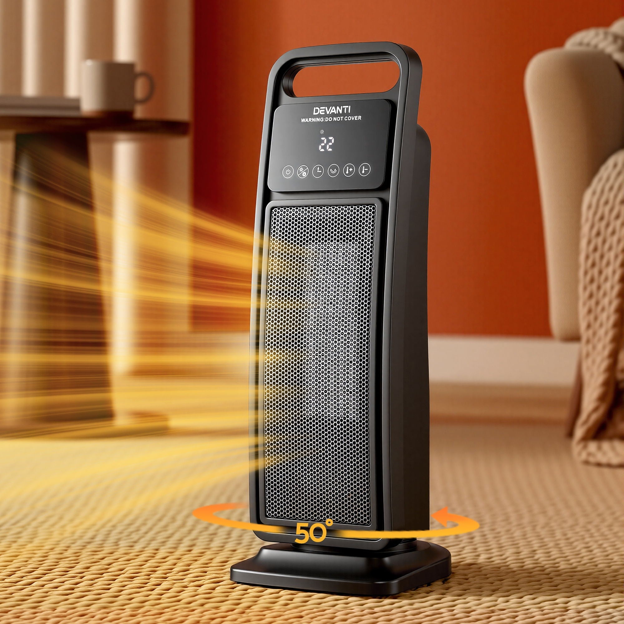 Devanti 2000W Ceramic Tower Heater Space Heaters Indoor Oscillating Black CTH-SQ-2000-BK