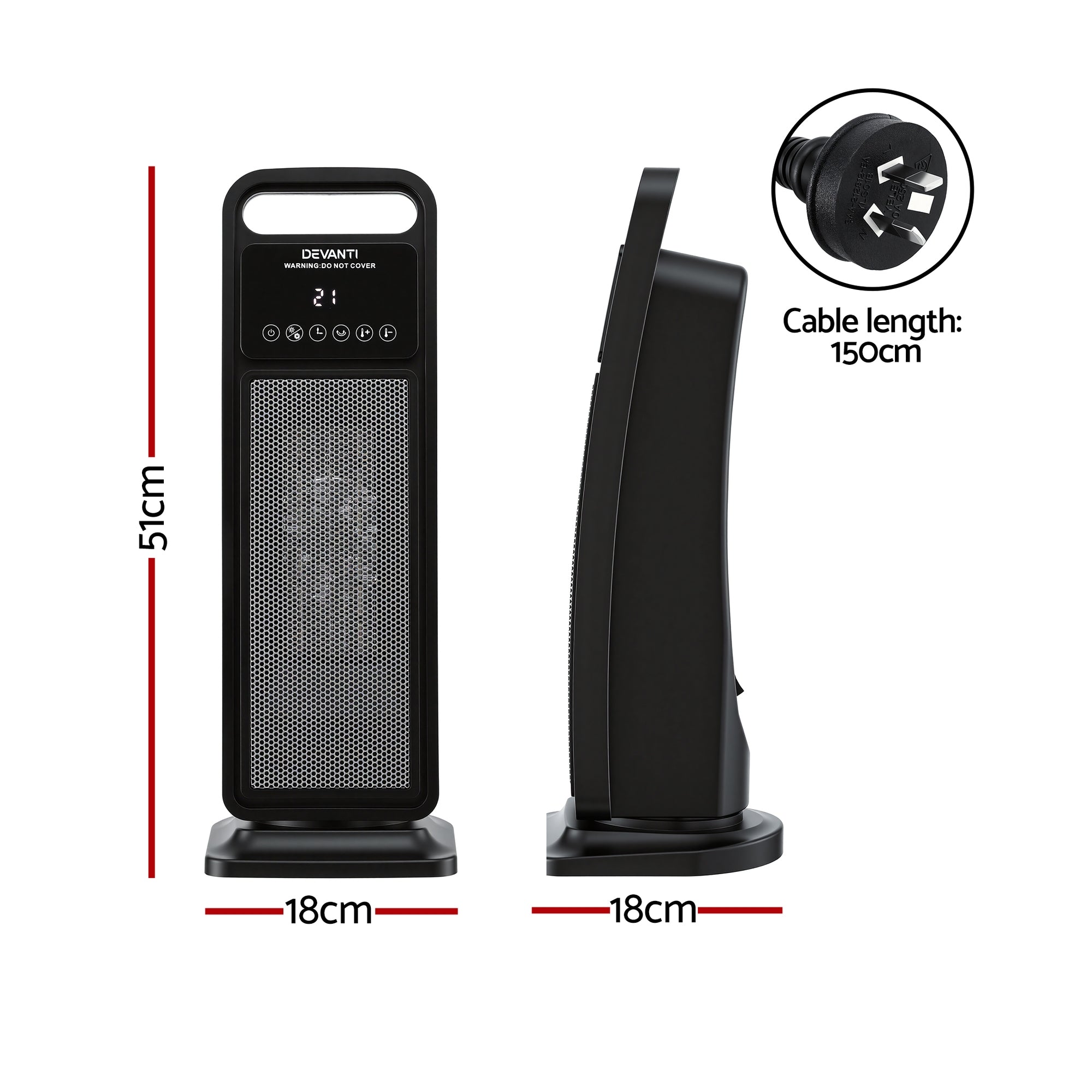 Devanti 2000W Ceramic Tower Heater Space Heaters Indoor Oscillating Black CTH-SQ-2000-BK