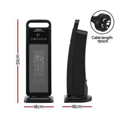 Devanti 2000W Ceramic Tower Heater Space Heaters Indoor Oscillating Black CTH-SQ-2000-BK