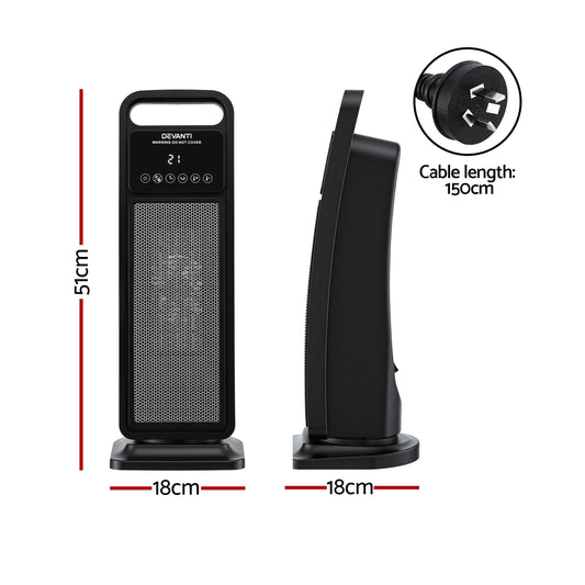 Devanti 2000W Ceramic Tower Heater Space Heaters Indoor Oscillating Black CTH-SQ-2000-BK