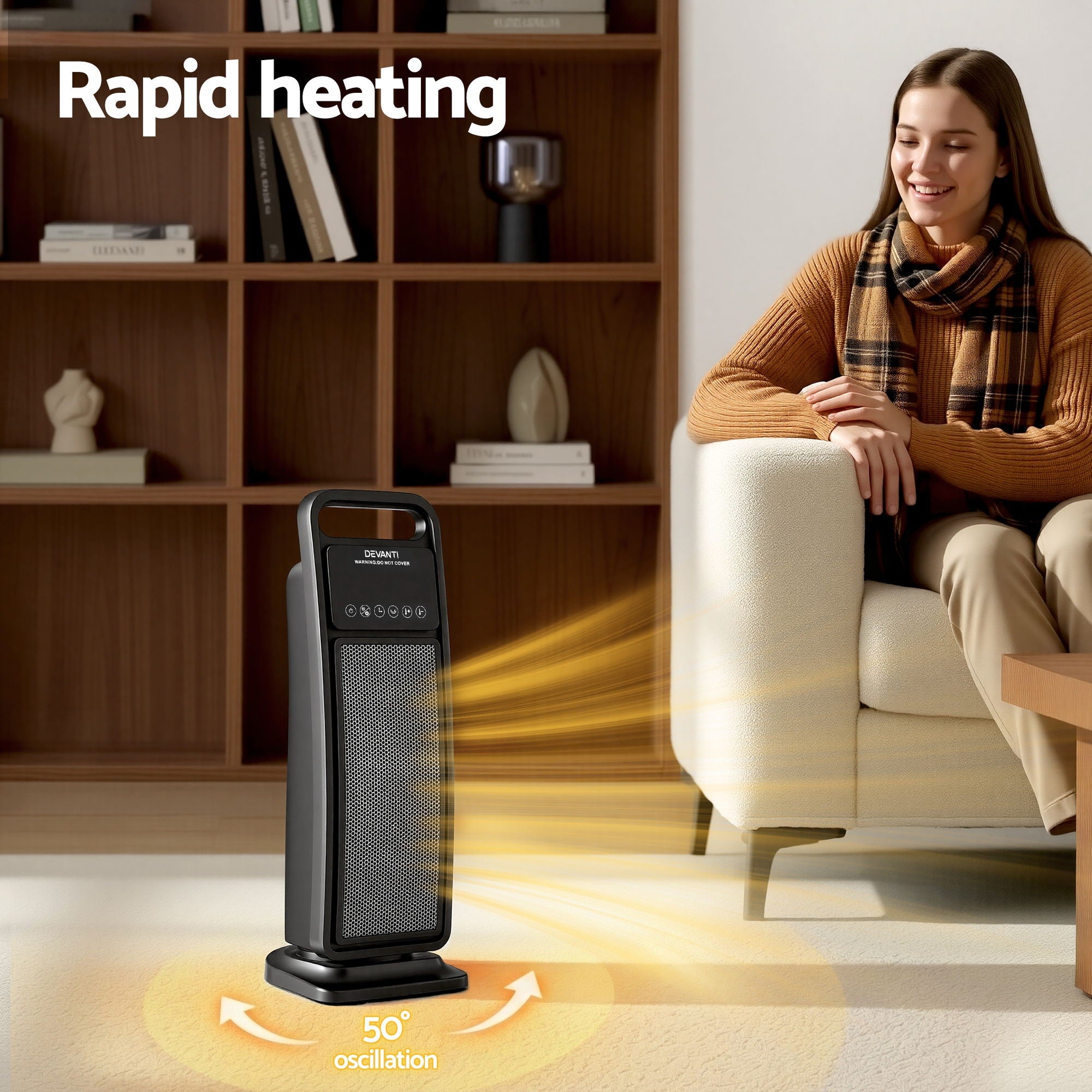 Devanti 2000W Ceramic Tower Heater Space Heaters Indoor Oscillating Black CTH-SQ-2000-BK