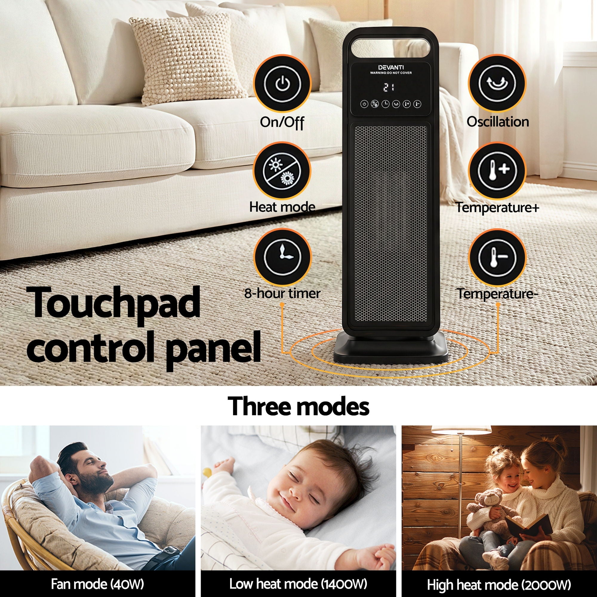 Devanti 2000W Ceramic Tower Heater Space Heaters Indoor Oscillating Black CTH-SQ-2000-BK