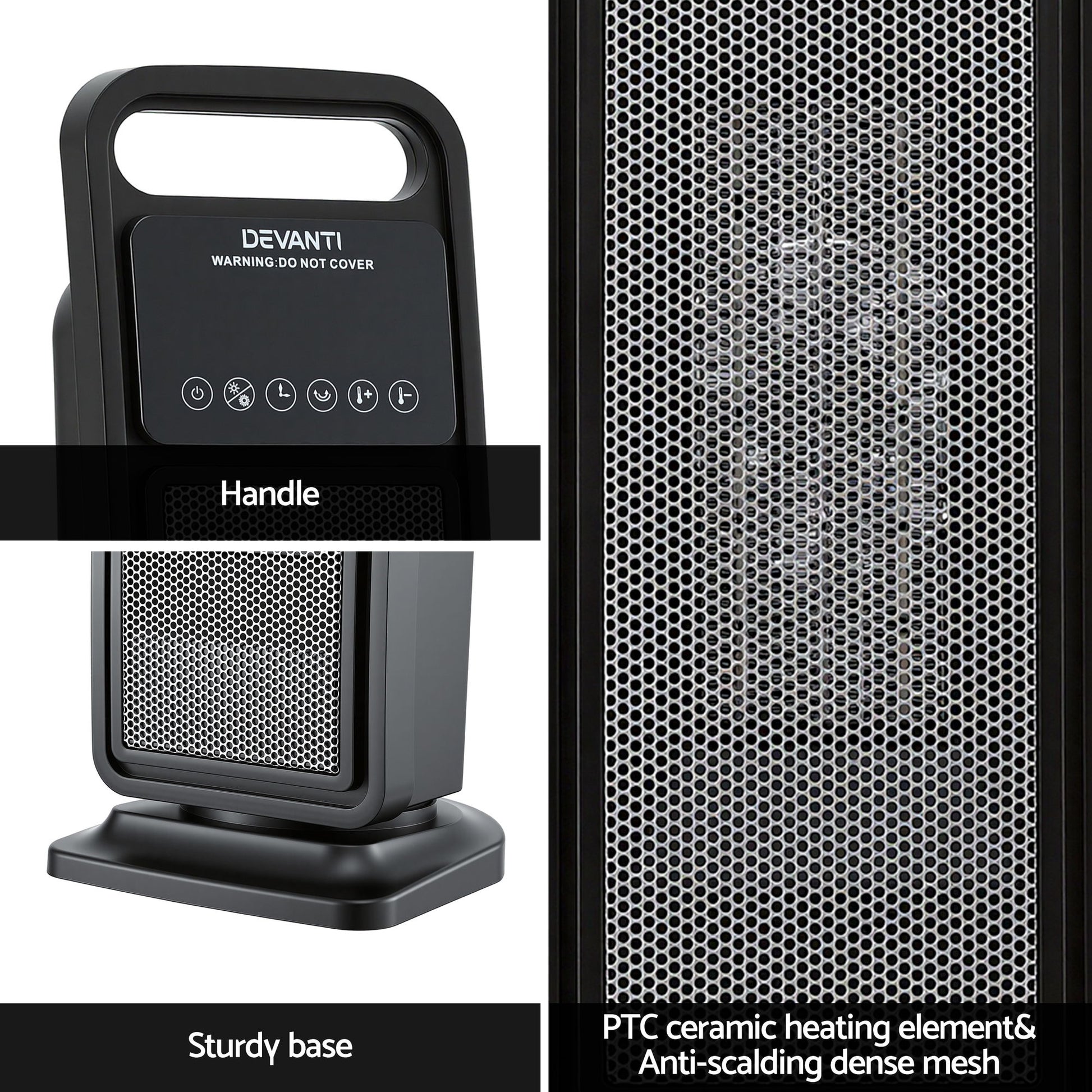 Devanti 2000W Ceramic Tower Heater Space Heaters Indoor Oscillating Black CTH-SQ-2000-BK