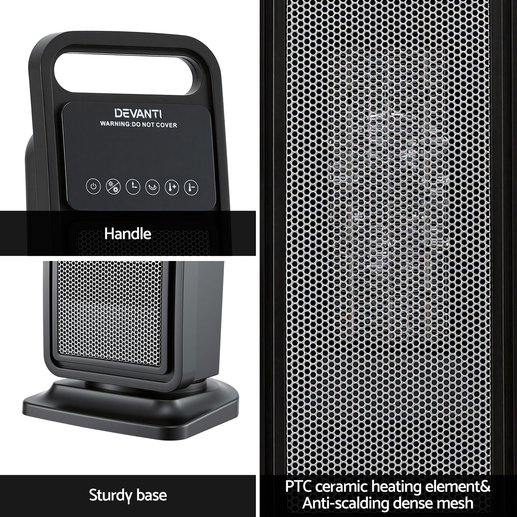 Devanti 2000W Ceramic Tower Heater Space Heaters Indoor Oscillating Black CTH-SQ-2000-BK