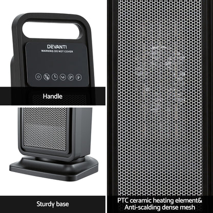Devanti 2000W Ceramic Tower Heater Space Heaters Indoor Oscillating Black CTH-SQ-2000-BK