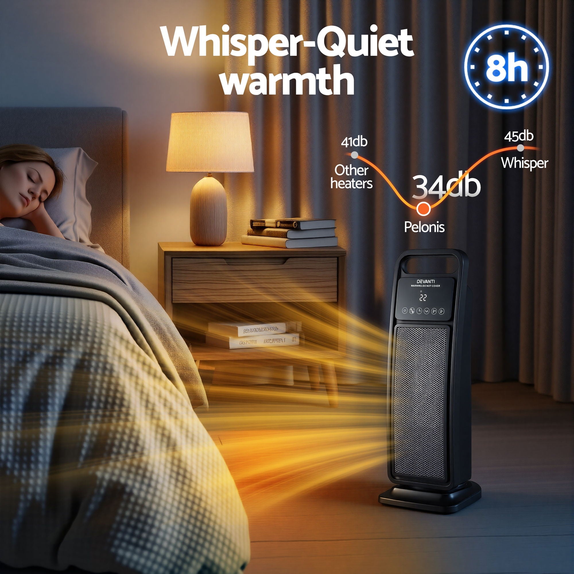 Devanti 2000W Ceramic Tower Heater Space Heaters Indoor Oscillating Black CTH-SQ-2000-BK