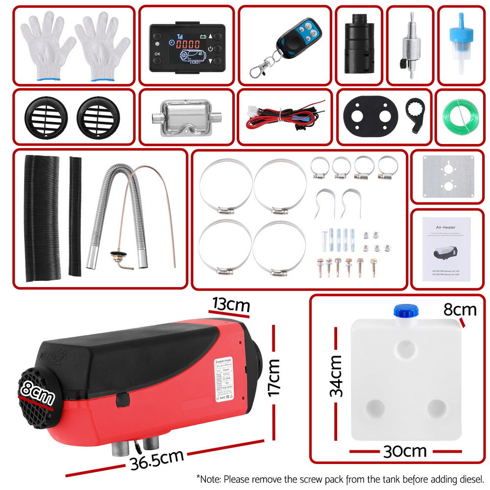 5KW Portable Diesel Air Heater Remote Control LCD Display Quick Heat Car RV Bus Boat DAH-1-5KW-BK-RD