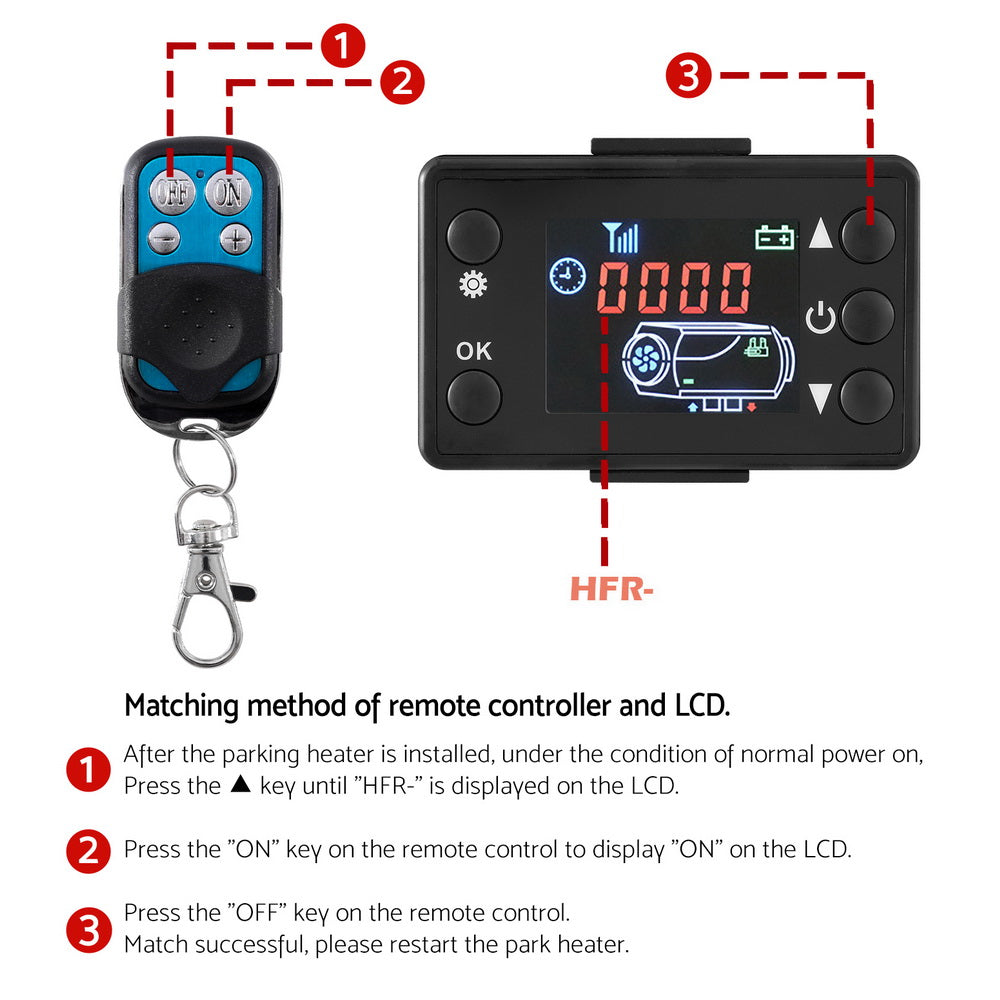 5KW Portable Diesel Air Heater Remote Control LCD Display Quick Heat Car RV Bus Boat DAH-1-5KW-BK-RD