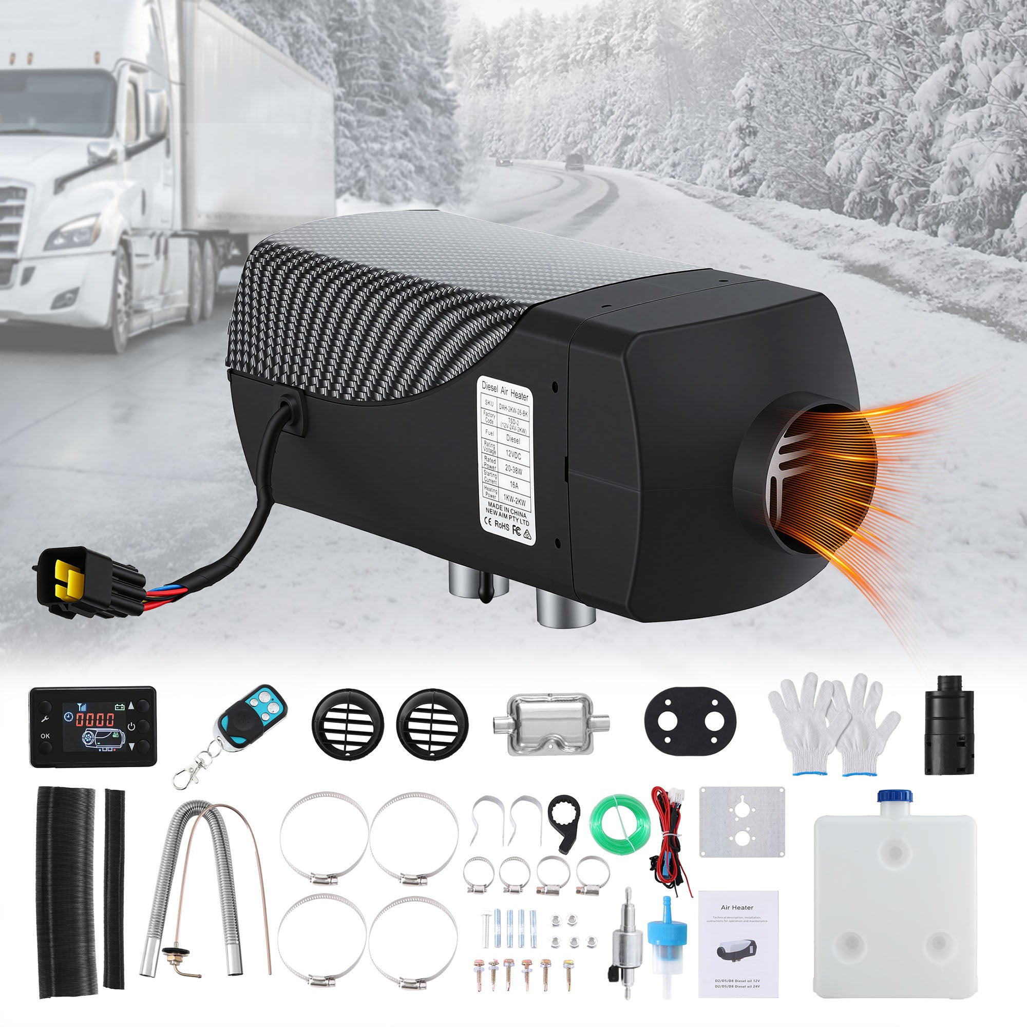 Giantz Diesel Air Heater 12-24V 2KW LCD Display Remote Control for Car Bus RV Indoor Black DAH-2KW-26-BK
