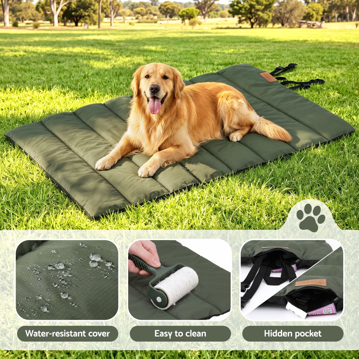 i.Pet Outdoor Dog Bed Large Water-resistant Washable Foldable Travel Dog Mat Green DBED-ROLL-GN