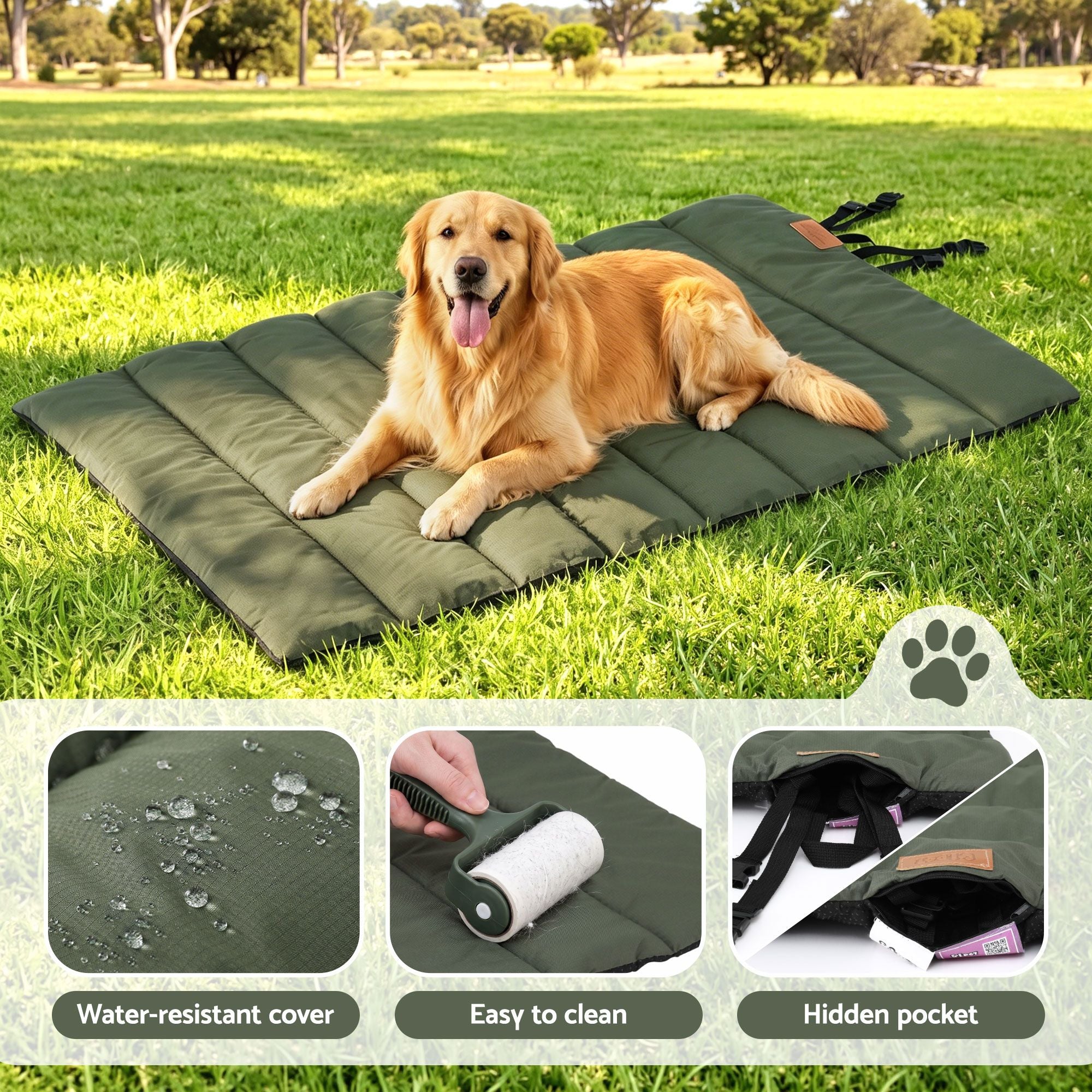 i.Pet Outdoor Dog Bed Large Water-resistant Washable Foldable Travel Dog Mat Green DBED-ROLL-GN