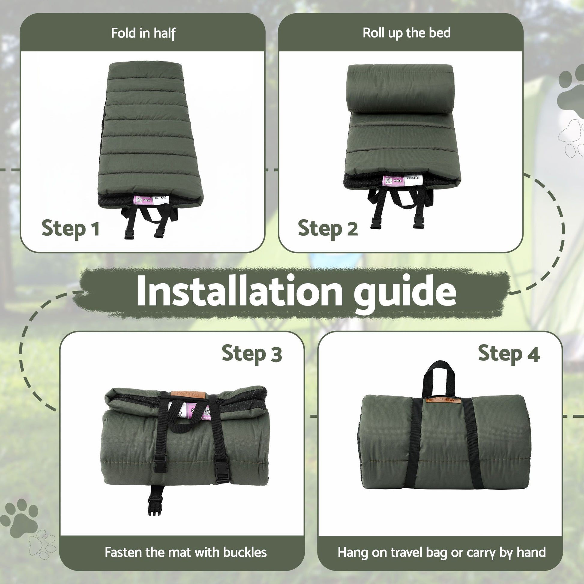 i.Pet Outdoor Dog Bed Large Water-resistant Washable Foldable Travel Dog Mat Green DBED-ROLL-GN