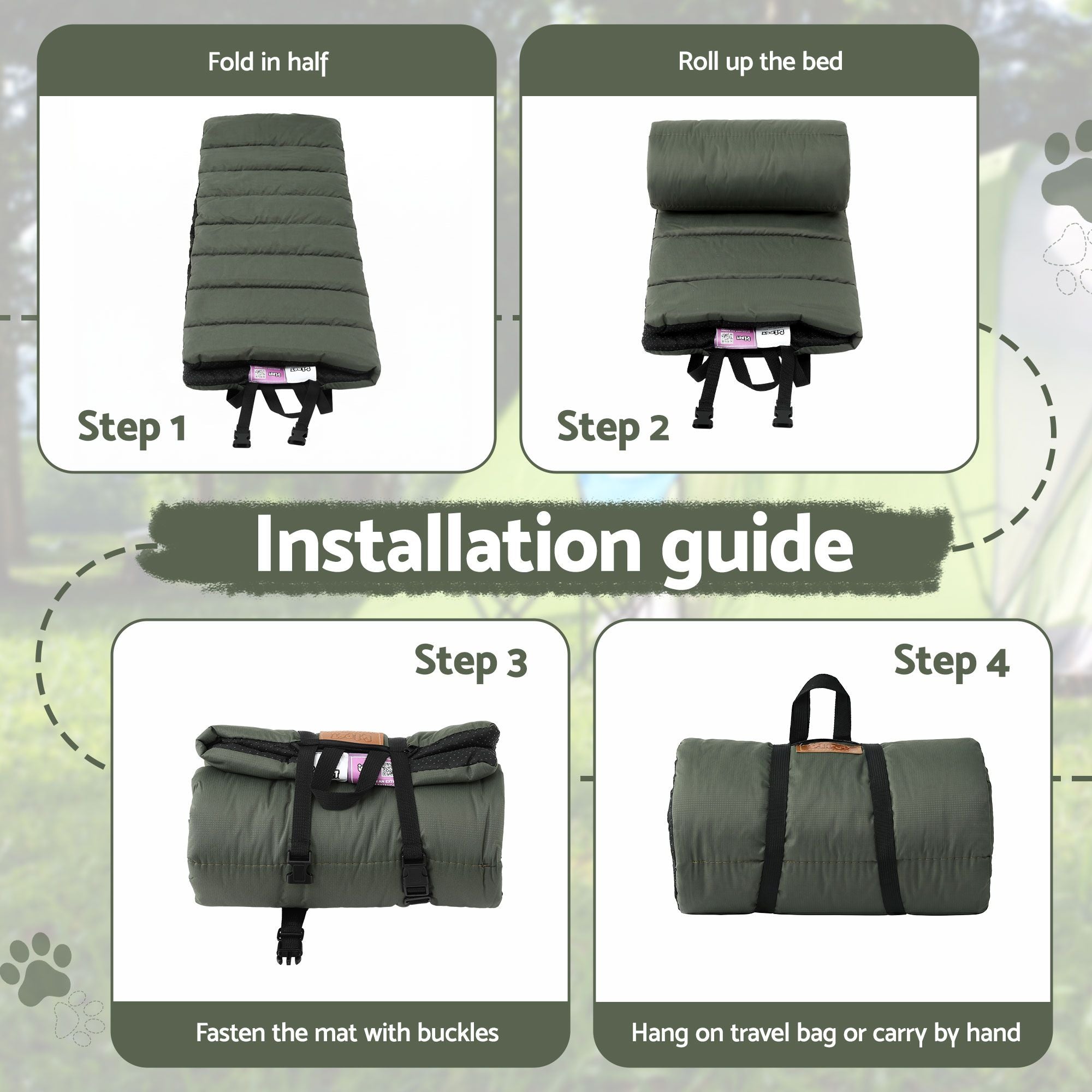 i.Pet Outdoor Dog Bed Large Water-resistant Washable Foldable Travel Dog Mat Green DBED-ROLL-GN