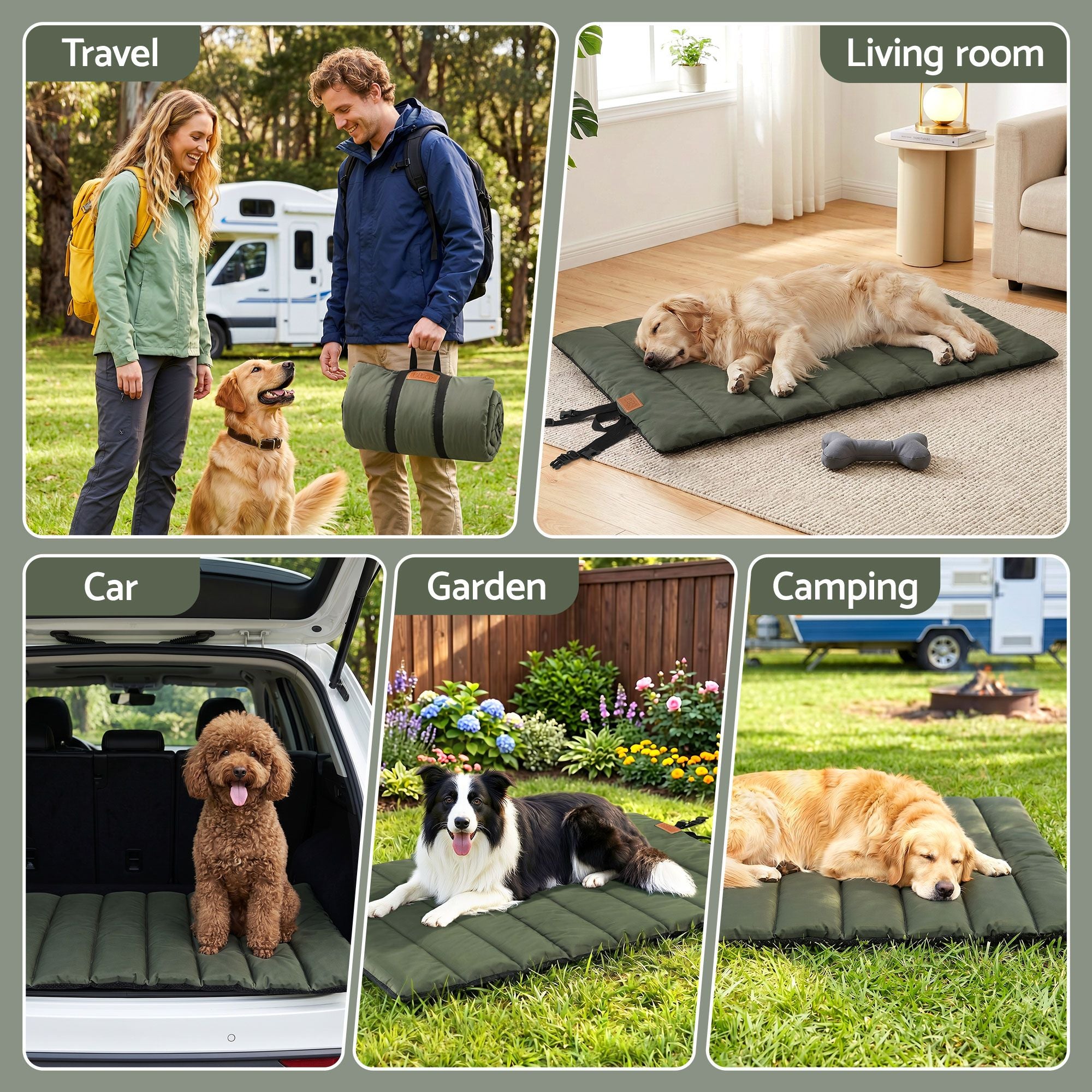 i.Pet Outdoor Dog Bed Large Water-resistant Washable Foldable Travel Dog Mat Green DBED-ROLL-GN