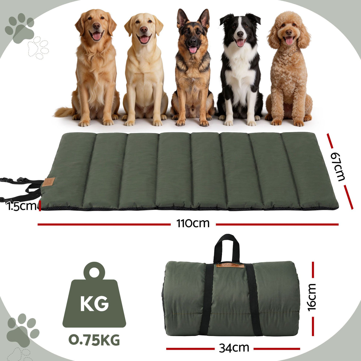 i.Pet Outdoor Dog Bed Large Water-resistant Washable Foldable Travel Dog Mat Green DBED-ROLL-GN