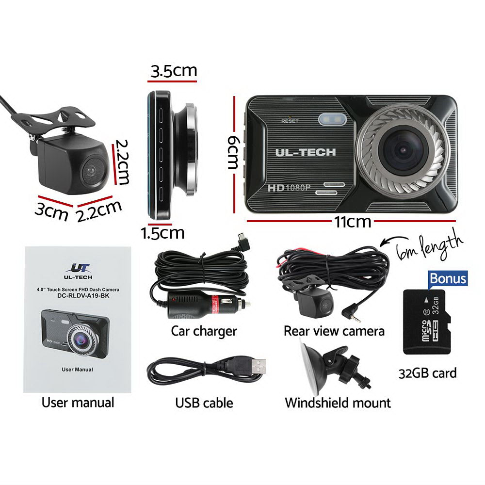 UL-tech Dash Camera 1080P 4" Front Rear Cam,UL-tech Dash Camera 1080P 4" Front Rear View Dual Cam Car DVR DC-RLDV-A19-BK