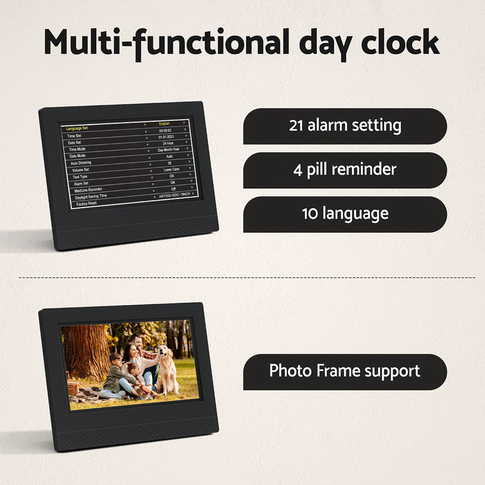 Artiss 7" Digital Day Clock Calendar Alarm Black DDC-7INCH-BK