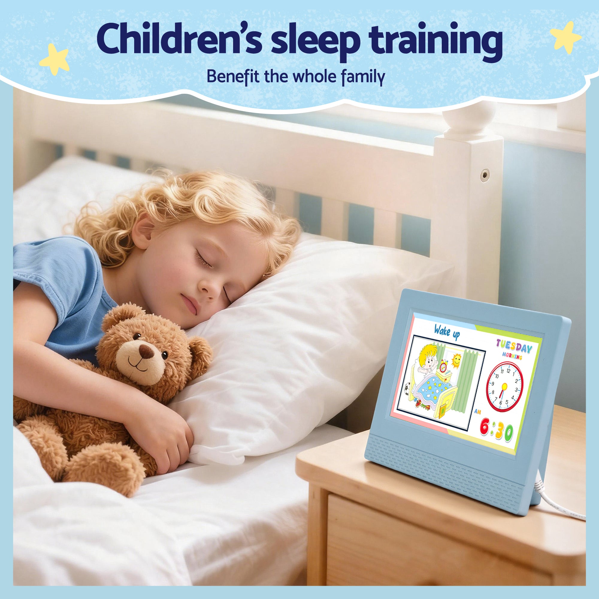 Artiss 7" Digital Day Clock Calendar Alarm LCD Children Sleep Trainer Clocks Blue DDC-7INCH-KID-BU