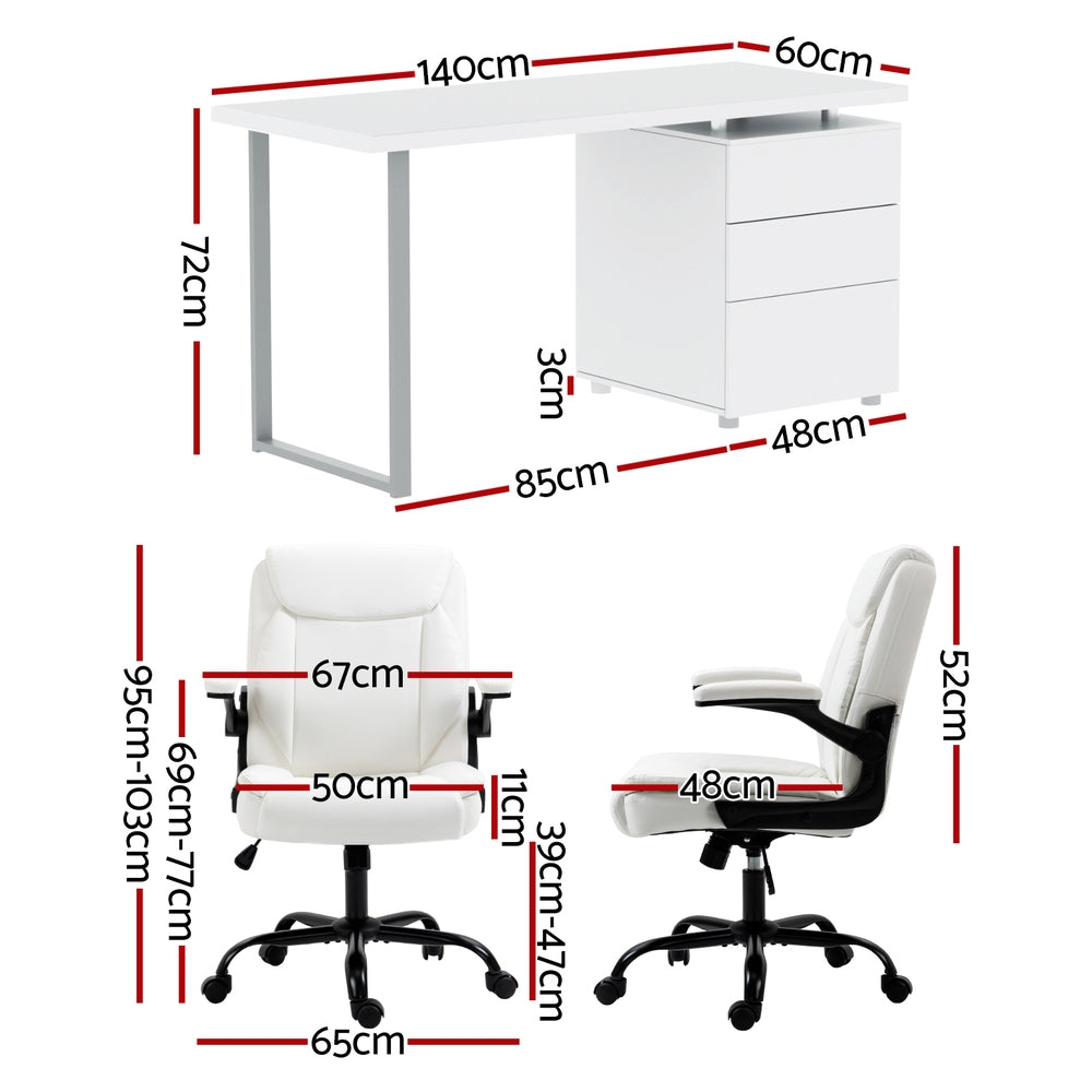 Artiss Computer Desk Executive Office Chairs Sets White DESK-140M-CHAIR-7023-WH