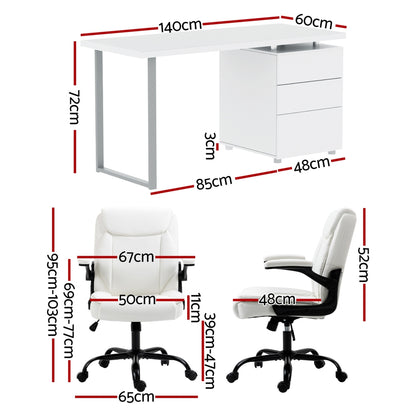 Artiss Computer Desk Executive Office Chairs Sets White DESK-140M-CHAIR-7023-WH