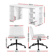 Artiss Office Desk & Chair Set 150cm Computer Desk with 6 Storage Shelves & Ergonomic Cross Legged Chair Armless Cross PU Leather Office Chair with Wheels