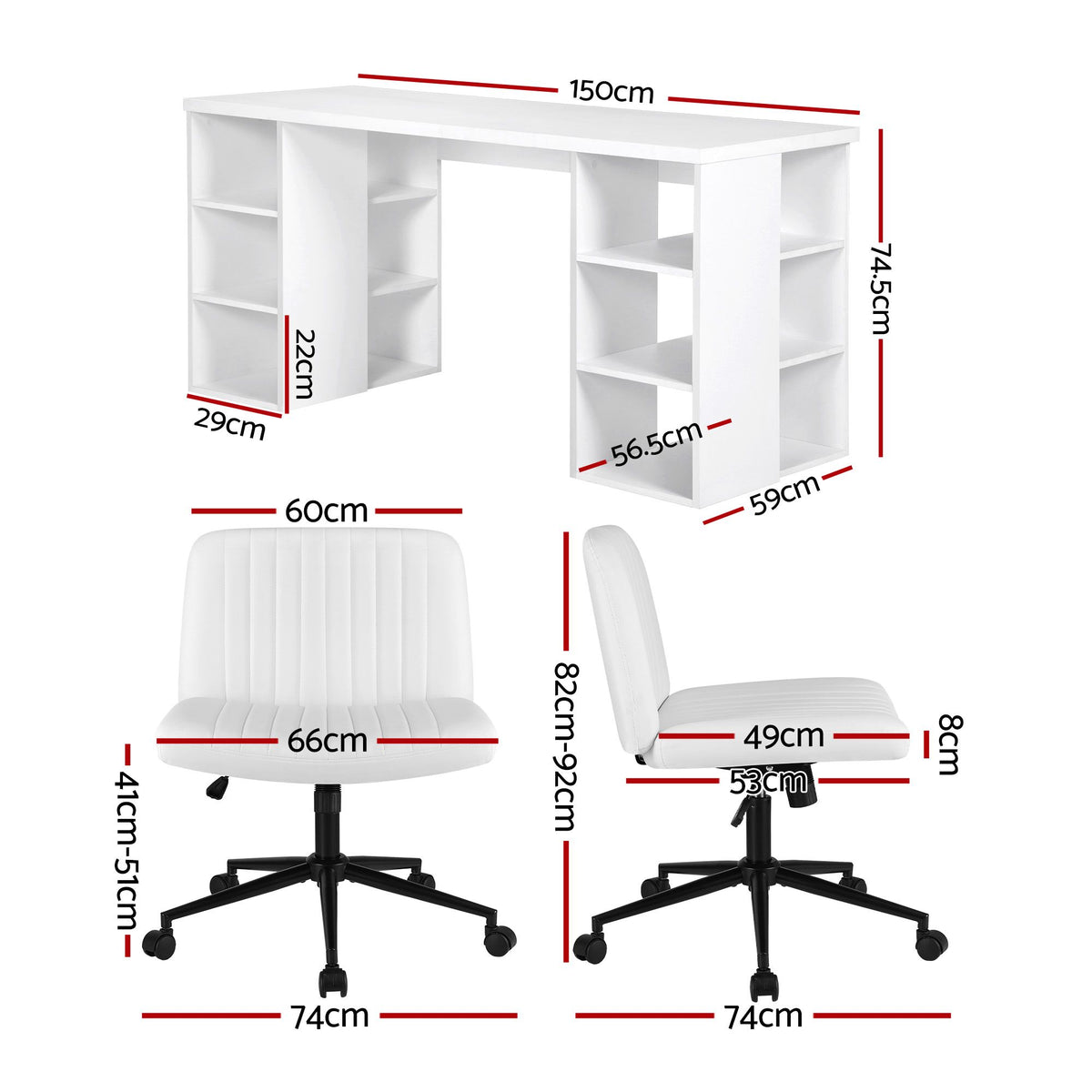 Artiss Office Desk & Chair Set 150cm Computer Desk with 6 Storage Shelves & Ergonomic Cross Legged Chair Armless Cross PU Leather Office Chair with Wheels
