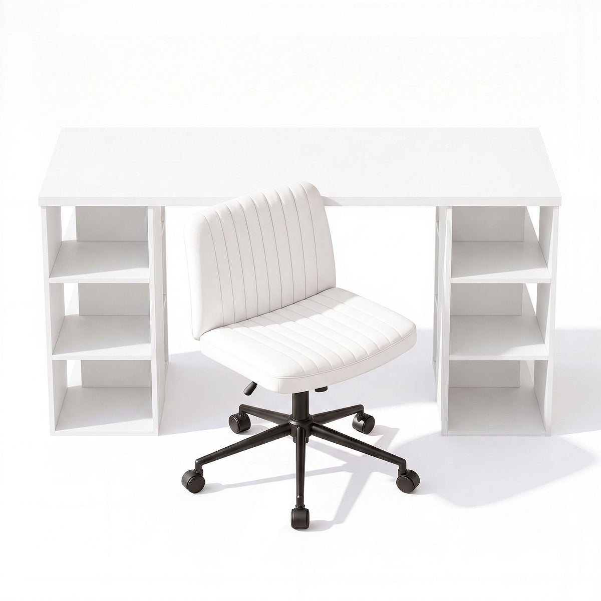 Artiss Office Desk & Chair Set 150cm Computer Desk with 6 Storage Shelves & Ergonomic Cross Legged Chair Armless Cross PU Leather Office Chair with Wheels