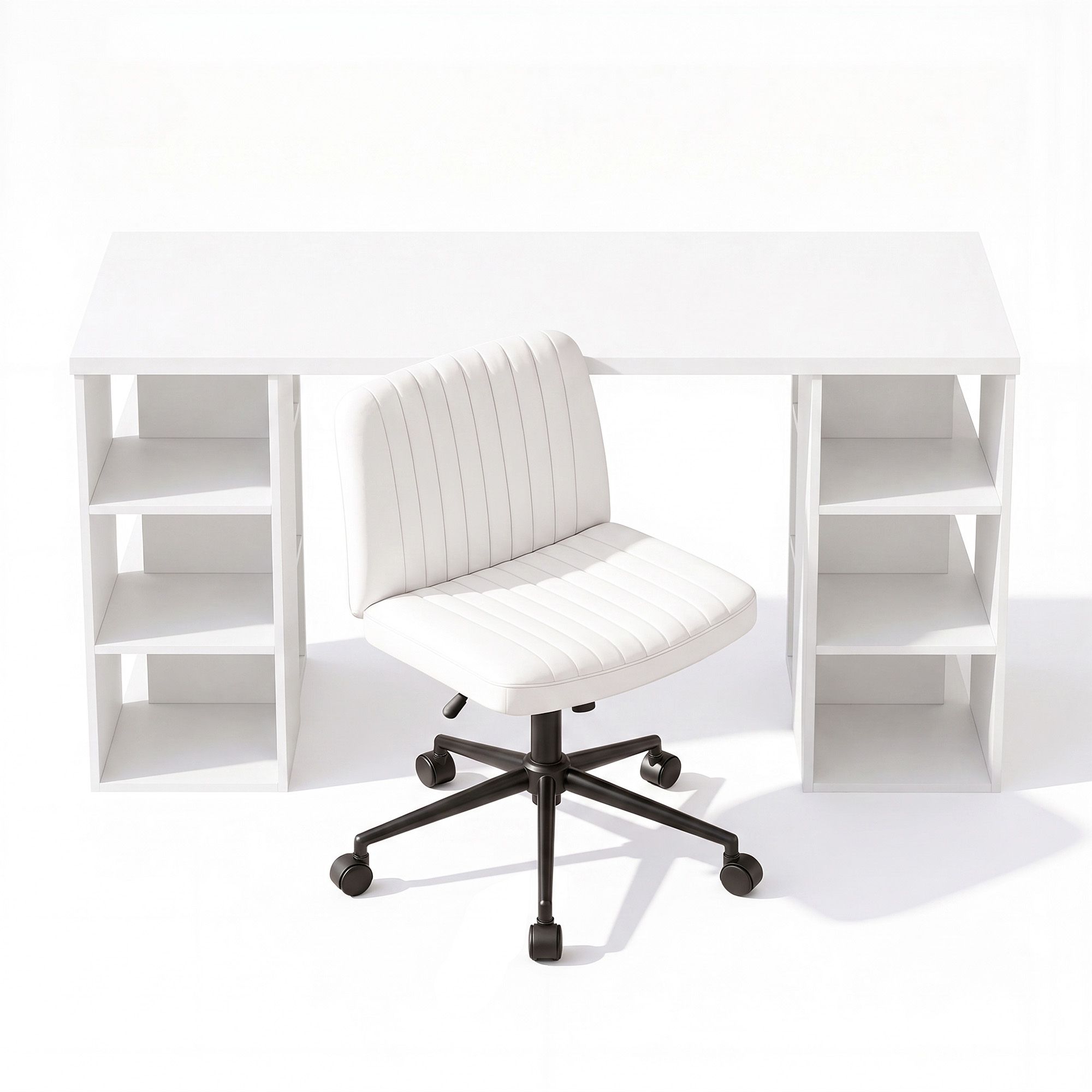 Artiss Office Desk & Chair Set 150cm Computer Desk with 6 Storage Shelves & Ergonomic Cross Legged Chair Armless Cross PU Leather Office Chair with Wheels