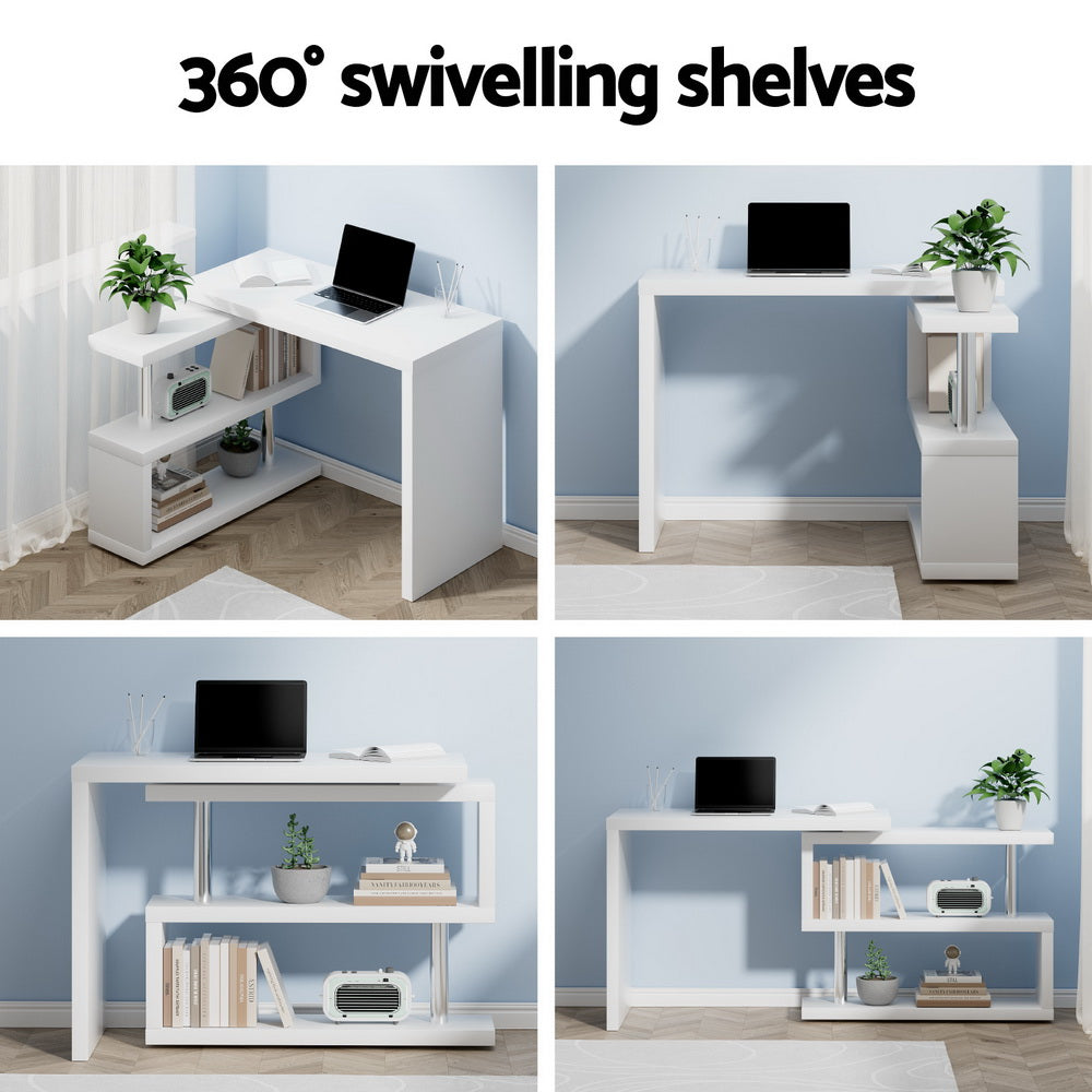 Artiss Computer Desk L-Shape Bookshelf White DESK-SWIVEL-352WH-AB