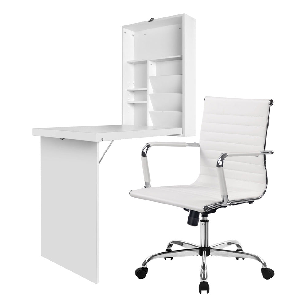 Artiss Computer Desk Office Chair Set PU Leather Wall Mount Foldable Table White DESK-WALL-8147-WH