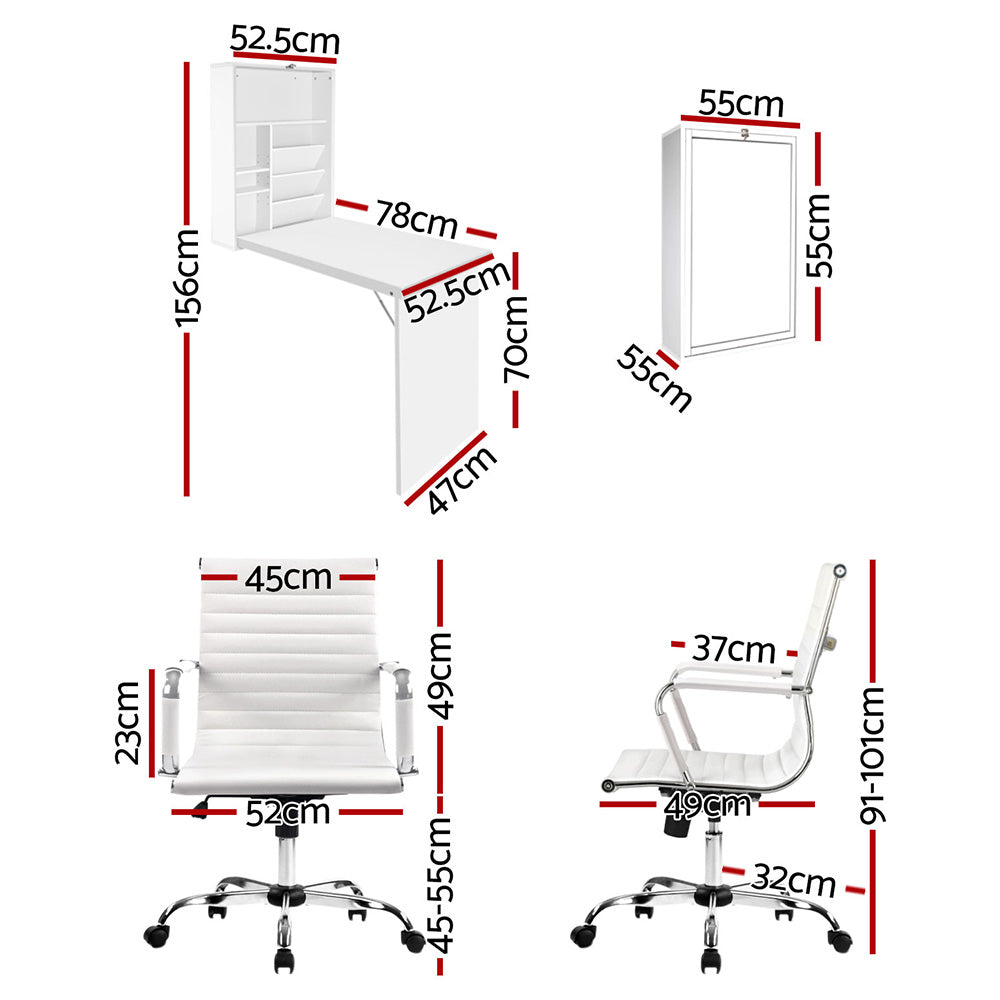 Artiss Computer Desk Office Chair Set PU Leather Wall Mount Foldable Table White DESK-WALL-8147-WH