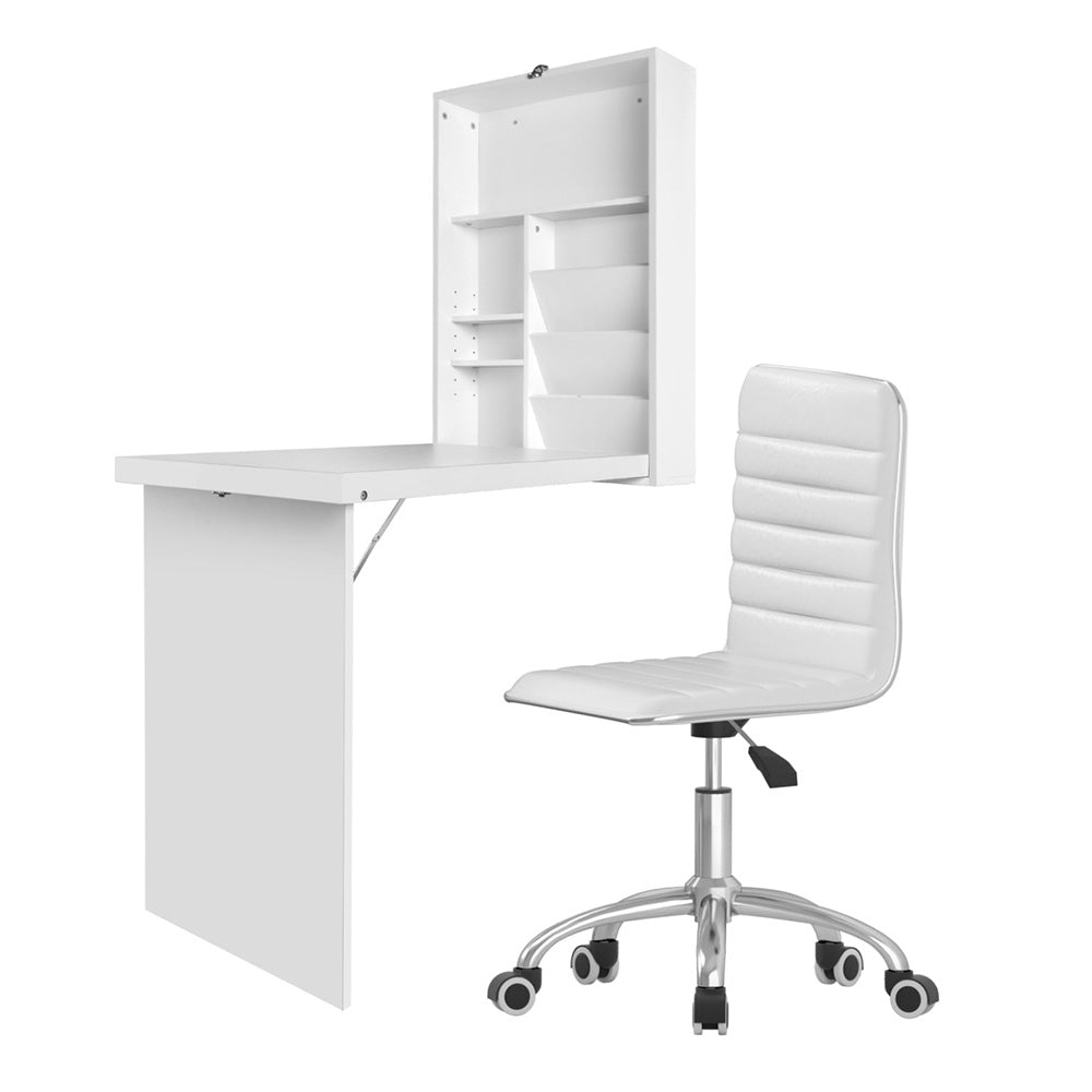 Artiss Computer Desk Office Chair Set PU Leather Wall Mount Foldable Table White DESK-WALL-REPL-WH