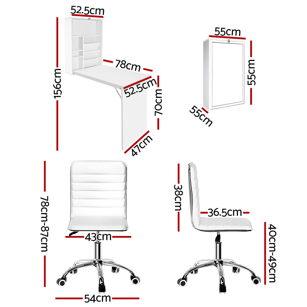 Artiss Computer Desk Office Chair Set PU Leather Wall Mount Foldable Table White DESK-WALL-REPL-WH